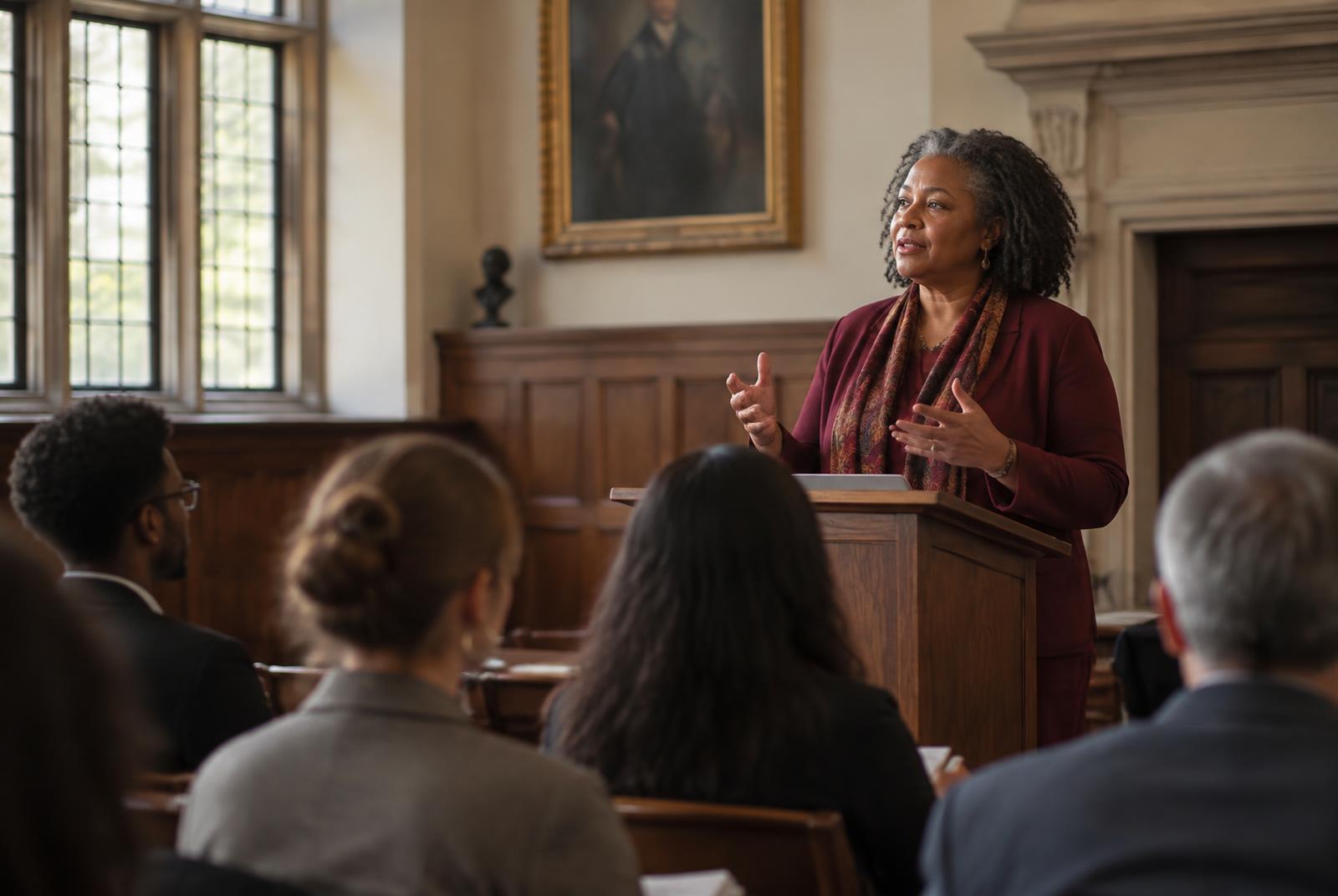 A professor presenting her expertise to an audience